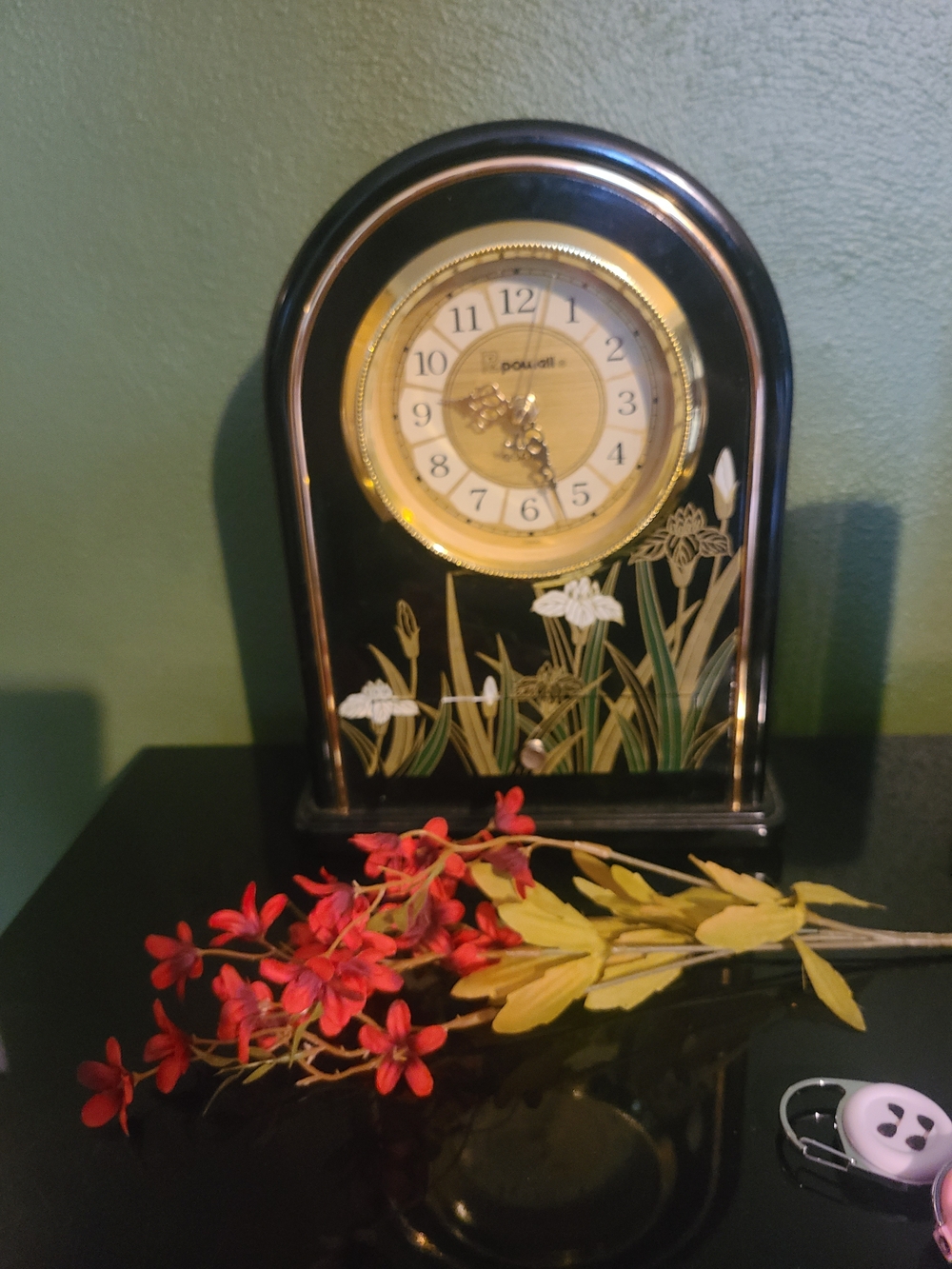 Vintage Black and Gold Floral Mantel Clock